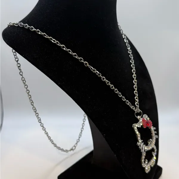 Rhinestone Hello Kitty Pendant Necklace with Red Bow and Silver Chain - Image 2