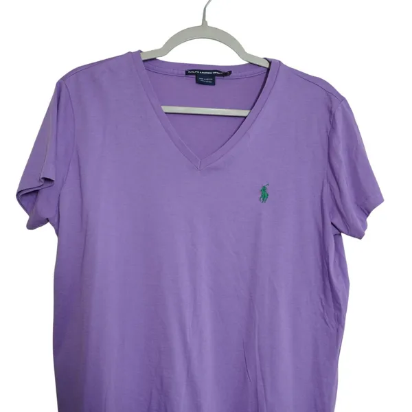 Ralph Lauren Sport Women's Large Purple V-Neck Cotton T-Shirt Green Pony Logo - Image 2