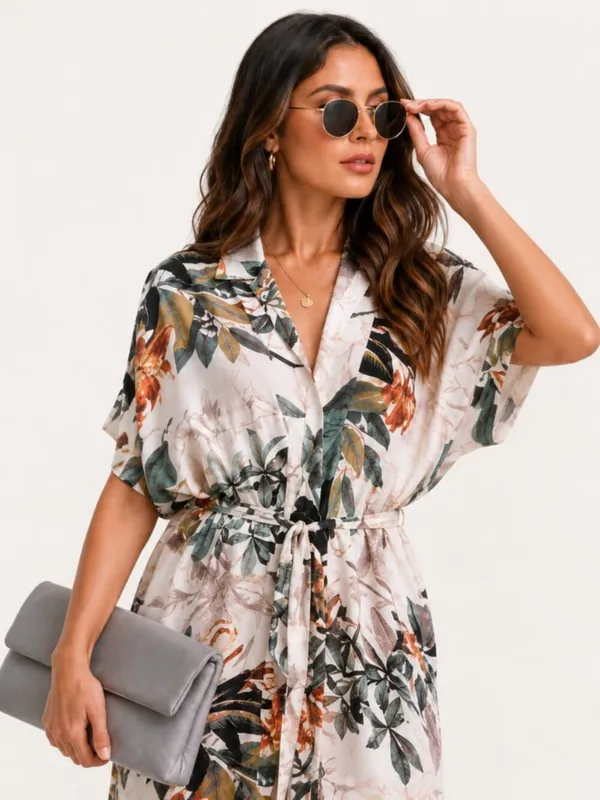 Tropical Floral Kimono Dress Tie Waist Cover-Up NWT - Image 2