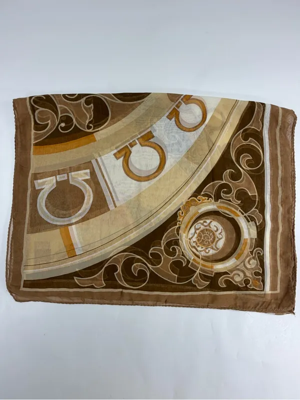 Equestrian Horseshoe Oblong Scarf‎ Taupe Brown Cream Chiffon Sheer Wrap 64x21 - Image 3