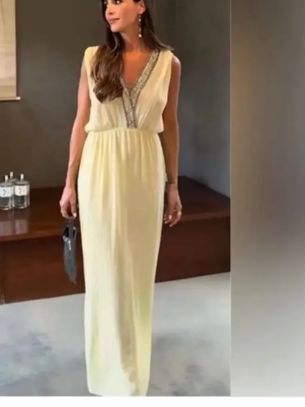Zara NWT embellished beaded trim light yellow Sleeveless Maxi Dress - Image 10