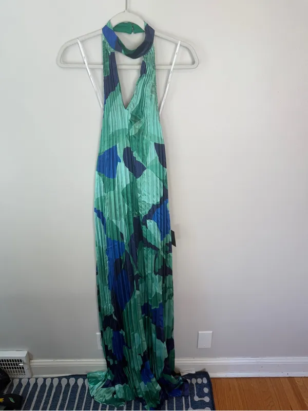 Lulus Prime Poise Green And Blue Abstract Satin Halter Maxi Dress NWT Small - Image 2