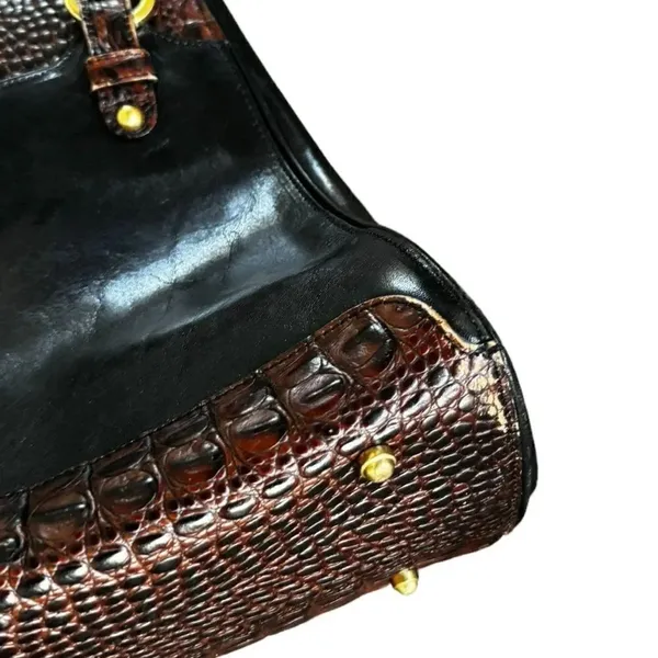 Vintage BRAHMIN Tuscan Black Leather Brown Croc Leather Trims Bucket Bag - Image 7
