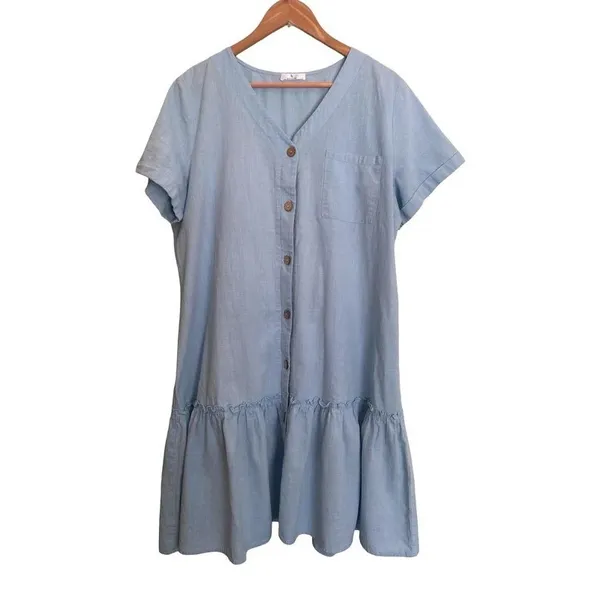 Light Blue Cotton Button Down Ruffled Hem Dress XXL - Image 2