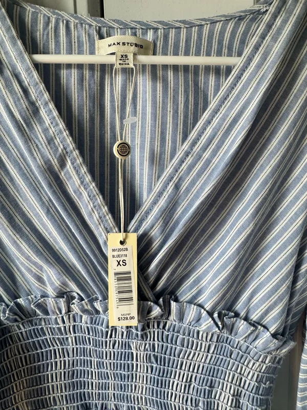 NWT MAX STUDIO XS Mini dress blue white stripe cinched waist flutter sleeves - Image 3