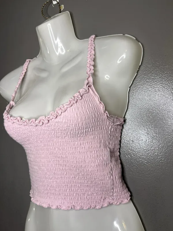Hollister Tank Top Womens Small Pink Smocked Ruffle Strap Cropped Cami Summer - Image 3