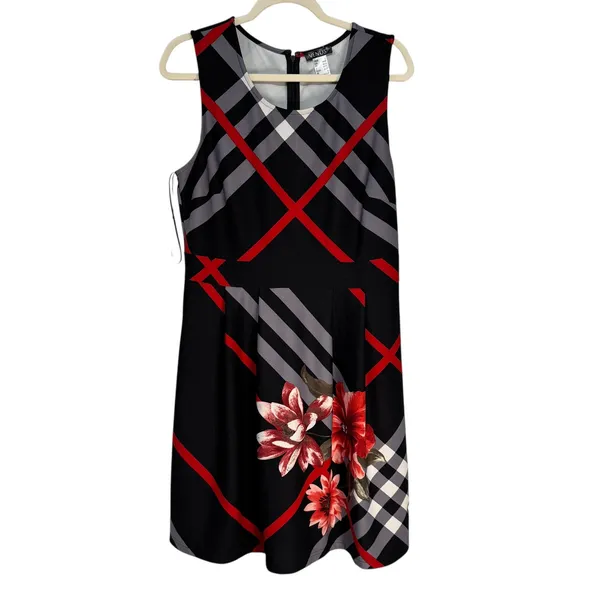 Venus Black‎ Red Gray Plaid Floral Sleeveless Knee Length Dress Women's Size L - Image 8