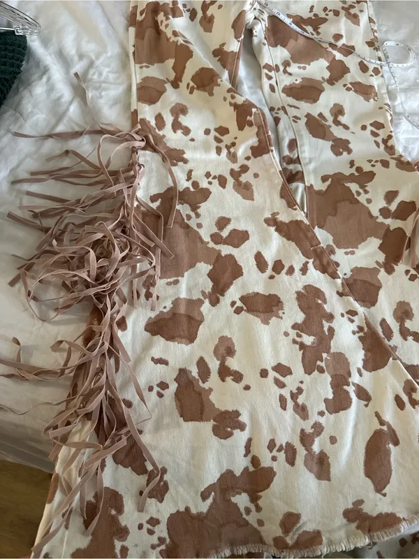 Cream & Brown Cowprint Fringe Flare Jeans Medium 28 in western boho festival - Image 11