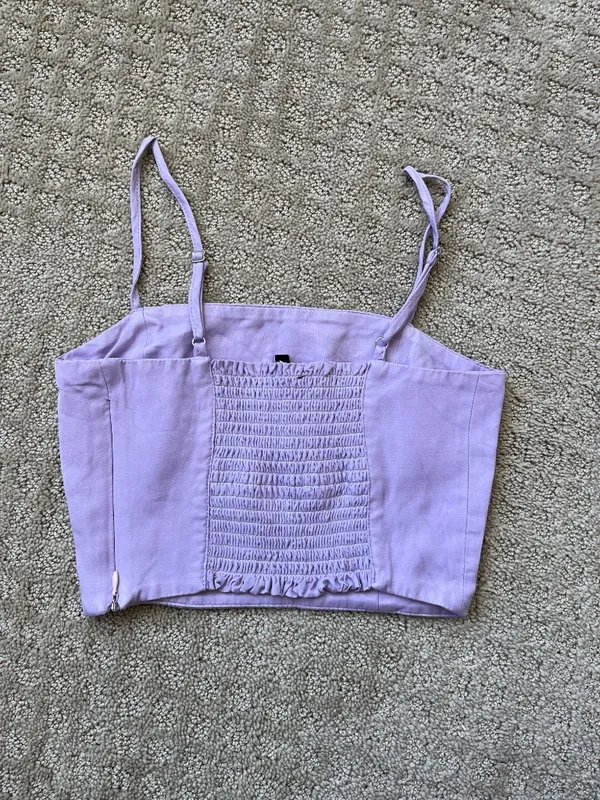 Zara TRF Satin Crop Top Purple Smocked Back Zip Side Adjustable Straps Size XS - Image 2