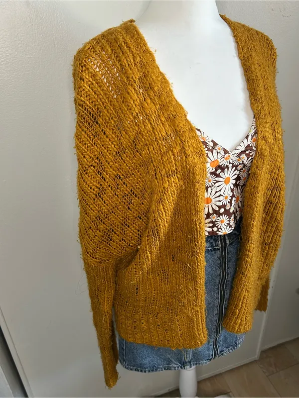 LA Hearts Oversized Boho Fuzzy Knit Cardigan Sweater in Mustard Gold - Image 2