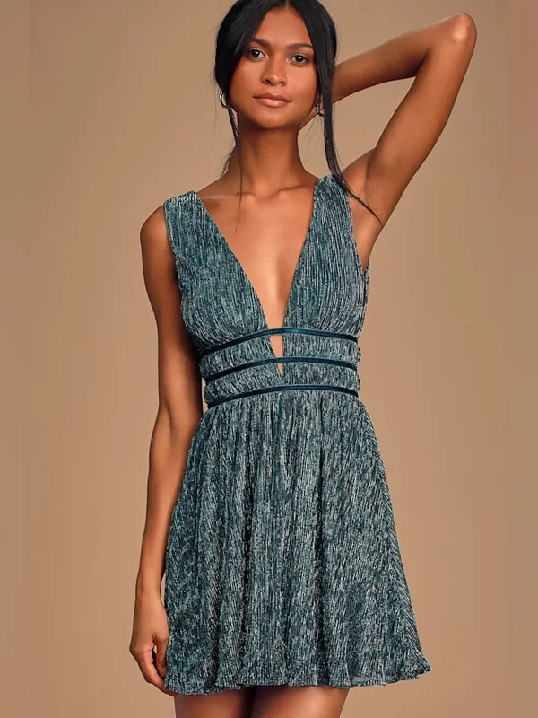 Lulu's Smokeshow Teal Metallic Mini Dress - Image 2