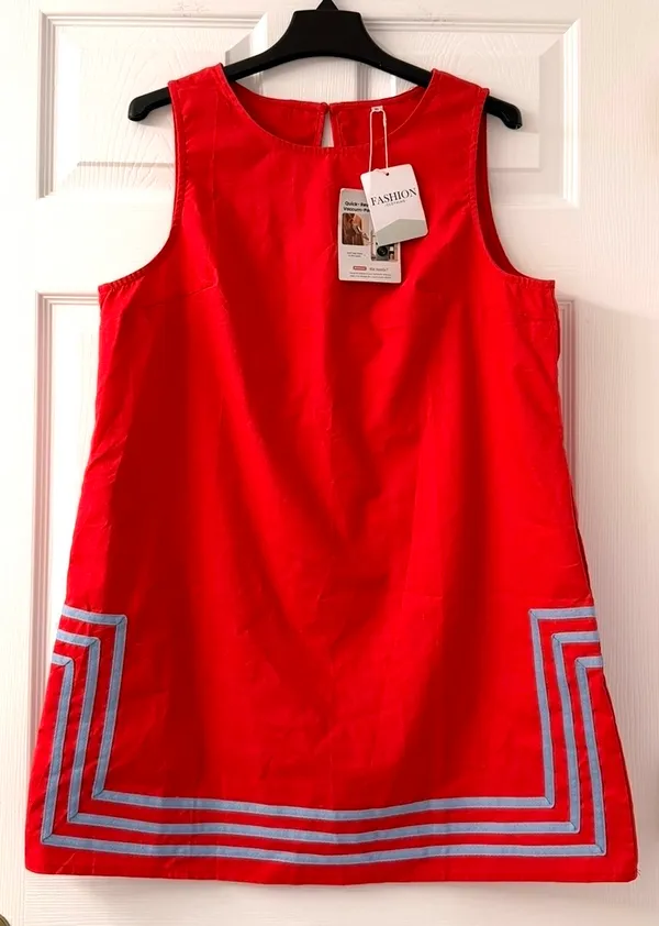 Fashion~ Sleeveless Red A-Line Dress with Pocket and Geometric Hem XL - Image 2