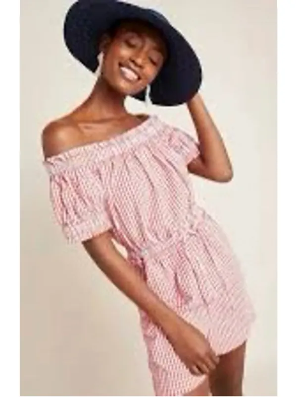 Anthropologie Red Gingham Off-the-Shoulder Romper Smocking Resort Beach Size L - Image 3