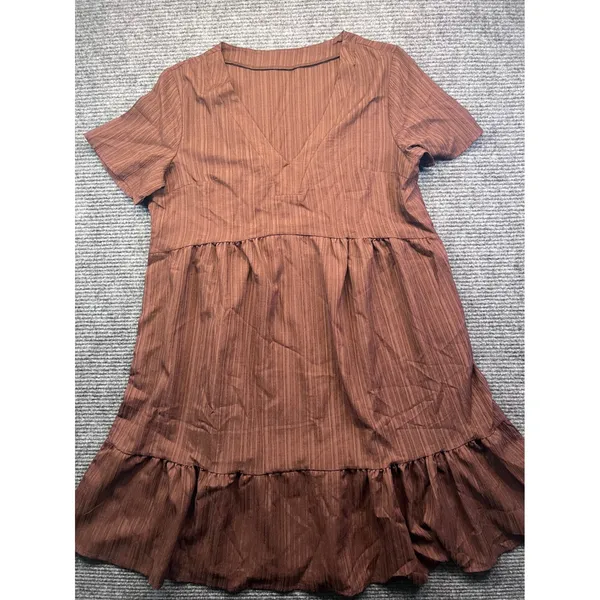 Brown V-Neck Babydoll Tiered‎ Short Sleeve Mini Dress Boho Relaxed Fit Large - Image 2