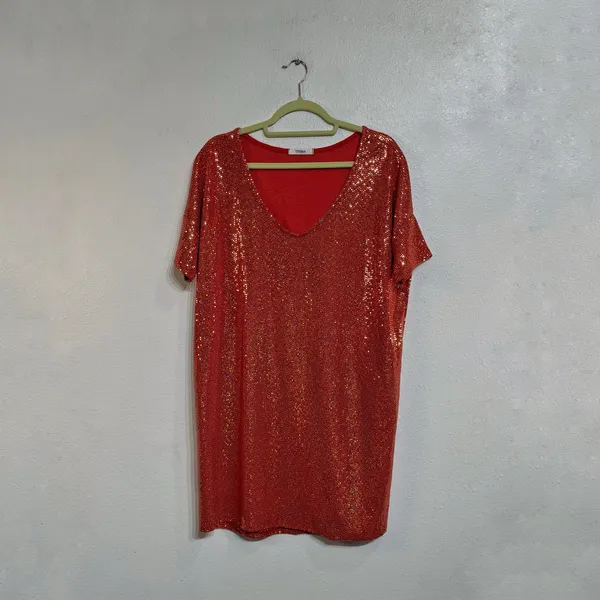 Cherish Red Sequin Mini Dress Short Sleeve Sparkle Shift Dress Sz L - Image 2