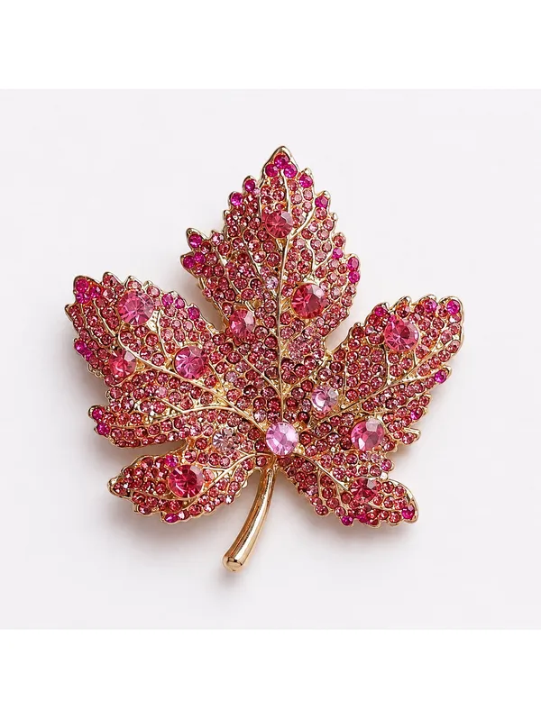 Autumnal Crystal Maple Leaf Brooch Pin Pink - Image 2