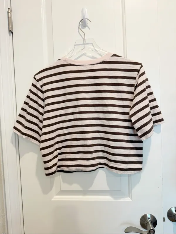 ANTHROPOLOGIE MAEVE Corey Short Sleeve Boxy Tee in PinkTaupe Brown Stripe XS - Image 3