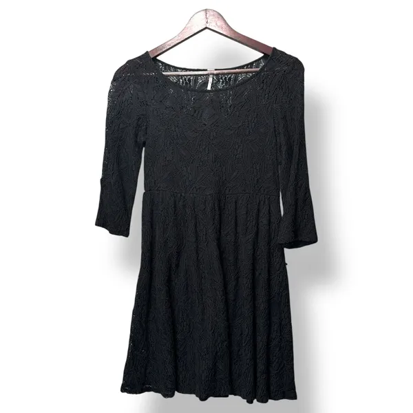 Free People Dress XS Black Lace‎ Fit Flare 3/4 Sleeve Mini Cocktail - Image 3