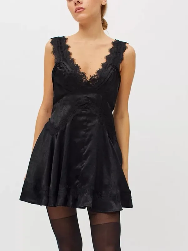 Urban Outfitters Black Tiffany Satin & Lace Mini Dress Size XL- C27-123 - Image 12