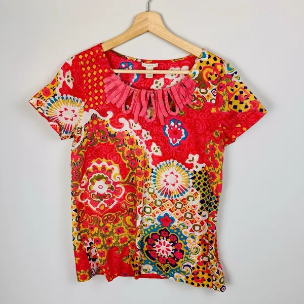 J. Crew Boho Printed Blouse Size 6 Multicolor Cotton Ramie Pleated‎ Keyhole Neck - Image 11