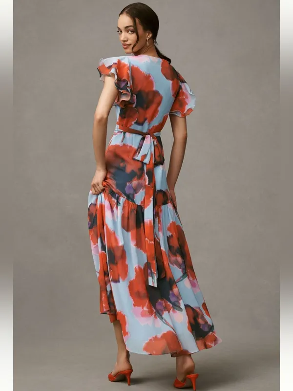 Hutch Zola Maxi Wrap Dress High-Low Floral Blue Red Small Medium - Image 2