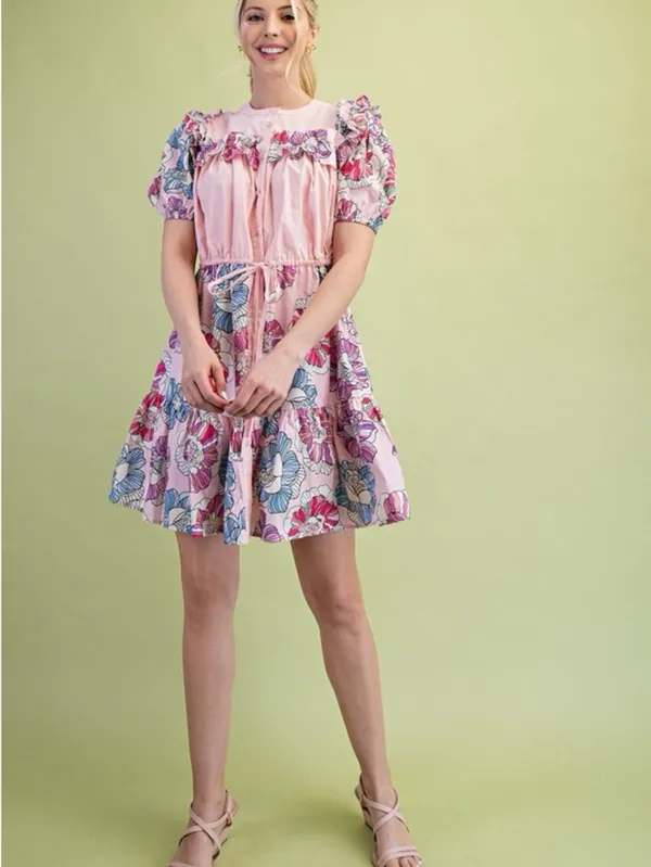 Gigio Pink Floral Ruffle Puff Sleeve Dress Size L - Image 3