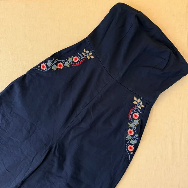 Bombay Paisley Strapless‎ Embroidered Linen Blend Jumpsuit Navy Blue XS Boho - Image 5
