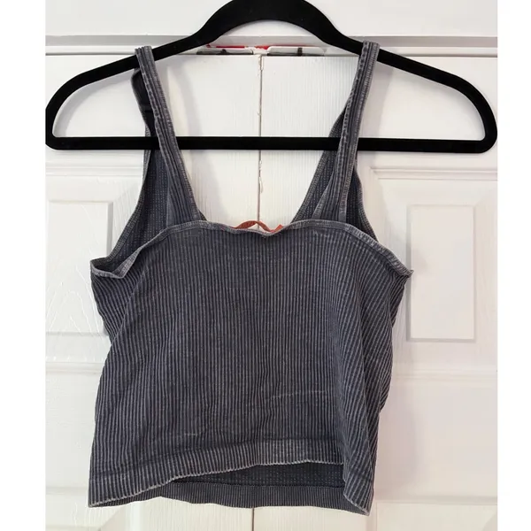 Current San Francisco Ribbed‎ Crop Tank Top Grey V-Neck Mineral Wash OS - Image 2