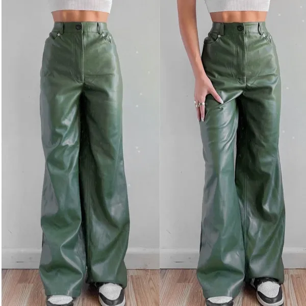 Urban Outfitters‎ Faux Leather Wide Leg Green Pant Olive Army Hunter High Waist - Image 2