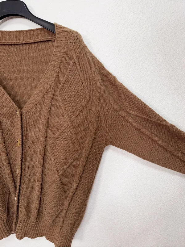Camel Brown Cable Knit Button Front V Neck Oversized Cardigan Sweater - Image 4