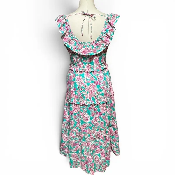 J.Crew Printed Ruffle Midi Dress Blue Pink Floral 10 - Image 4