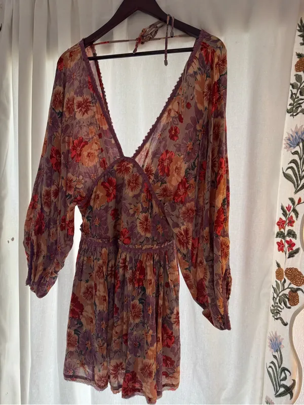 Free People Floral V-Neck Mini Dress in Lavender & Peach - Image 9