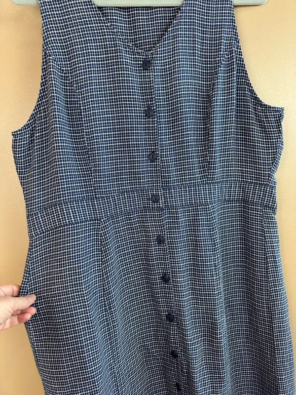Vtg Eddie Bauer Navy Blue Plaid Sleeveless Dress XL Pinafore Jumper Cottagecore - Image 5