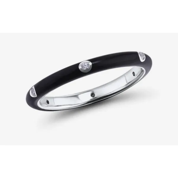 Women's Pave’ Diamond Black Enamel Stackable 925‎ Sterling Silver Ring Size 8 - Image 2