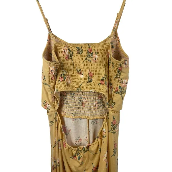 No Boundaries Yellow Floral Smocked Tie Front Back Cut Out Summer Jumpsuit L NWT - Image 2