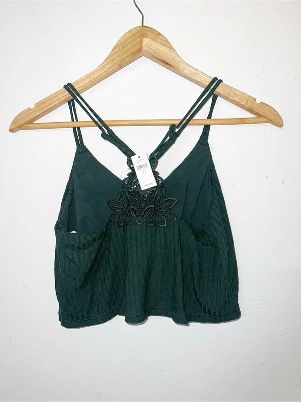 Aerie Dark Green Ribbed Lace-Back Floral Cami Crop Top - Image 5
