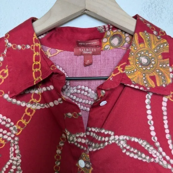 Talbots Women‎ Button Front Top Equestrian Large Red Chain Western Boho - Image 2
