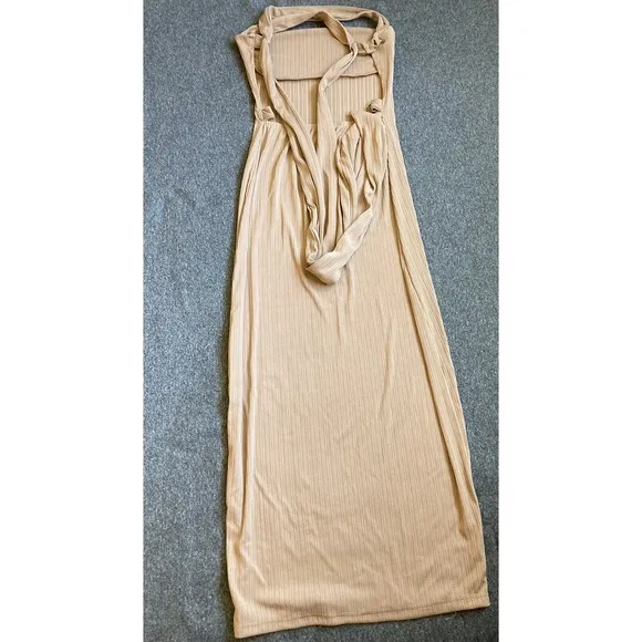 Ribbed Knit Maxi Dress Women Medium Tan Excellent‎ Open Back Bodycon Tie Detail - Image 5