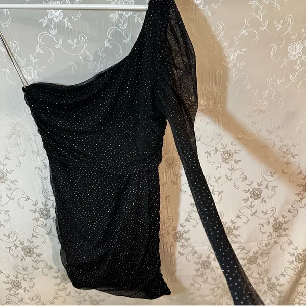 Lucy in the Sky Black Glitter Polka Dot One-Shoulder Dress Sheer Sleeve MEDIUM - Image 7