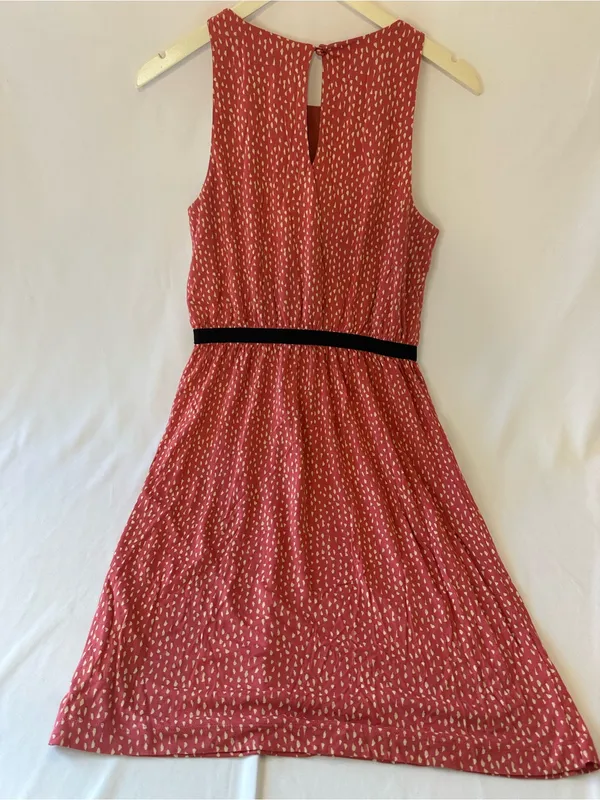 LOFT Coral Pink Printed Midi Dress with Black Waistband - Image 5