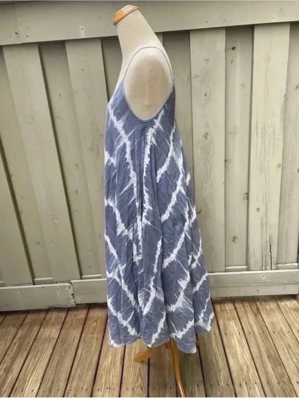 Made In Italy Blue Tie Dye Bohemian Maxi 100% Cotton Sun Dress Size M - Image 4