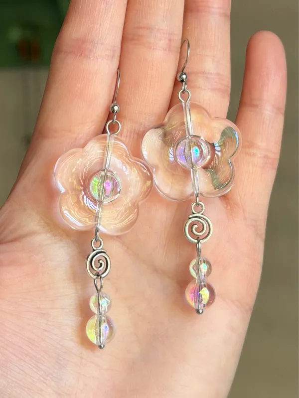 Handmade flower & swirl dangle funky cute earrings 💐🌀🩵 - Image 5