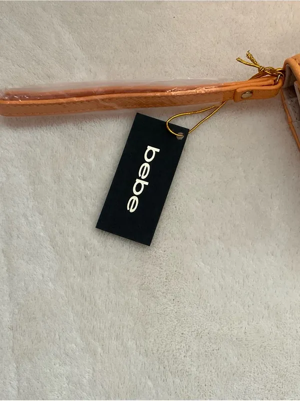bebe Peach-Orange Wristlet Clutch with Gold Logo - Image 2