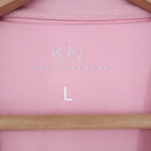 Klassy Network T-Shirt Women L Crew Neck Pink Side Slit Athleisure Excellent - Image 2