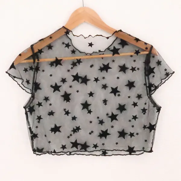 Velvet Star Sheer Mesh Crop Top Womens Size S Black‎ Celestial Indie Sleeze Goth - Image 3