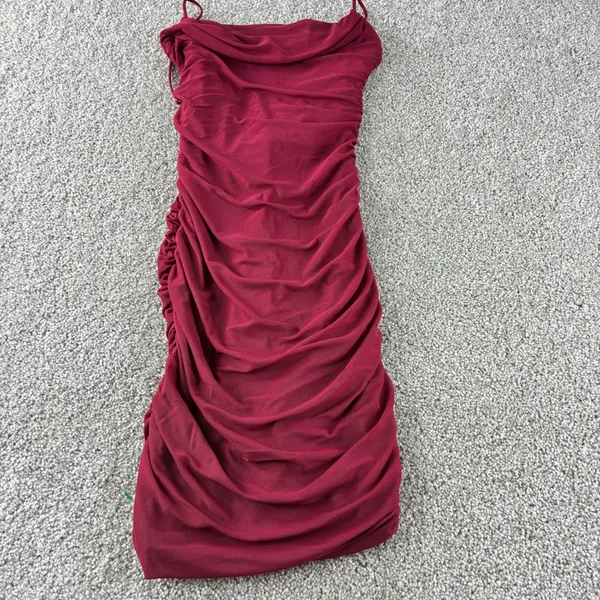 Oh Polly Dark Red Ruched Mesh Cowl Neck Bodycon Mini Dress Size 2 Homecoming - Image 2