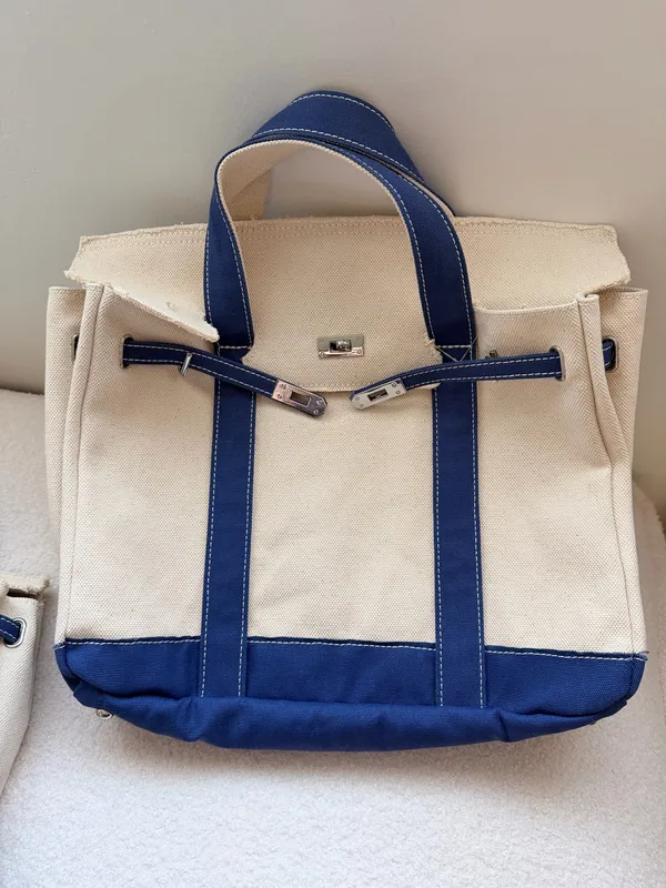 Boatkin Large & Mini Canvas Boat Tote Bag Navy Blue with Silver Belted closure - Image 3
