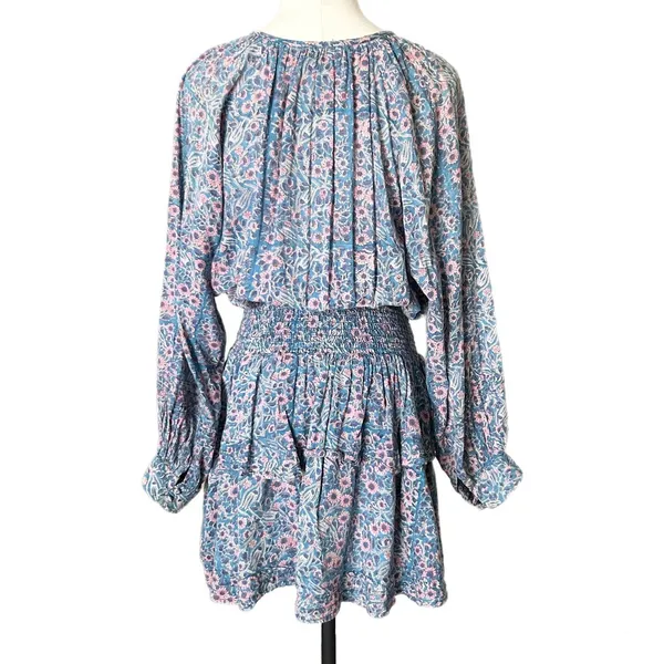 Cleobella Blue Pink Floral Cotton Smocked Mini Dress Size Medium Boho Tiered - Image 4