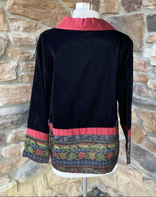 Coldwater Creek Small Jacket Velvet Button Front Black Wine Tapestry Holiday - Image 9
