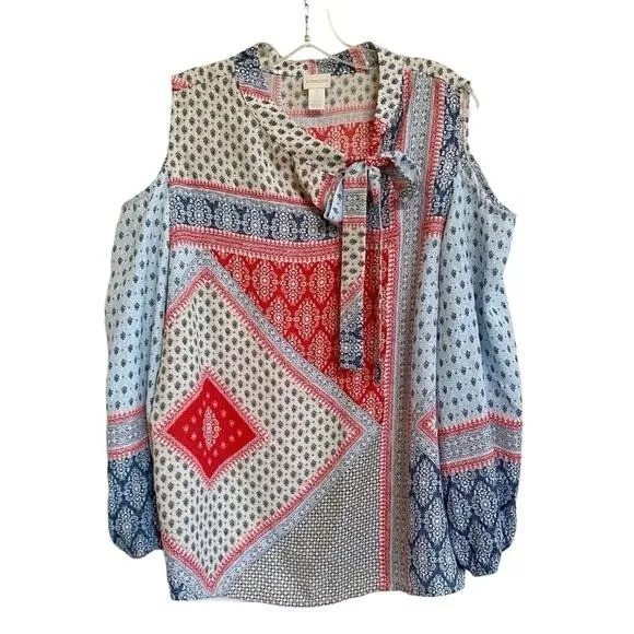 Chicos Cold Shoulder‎ Tie Neck Patchwork Blouse Red White Blue Size 2 Large - Image 3